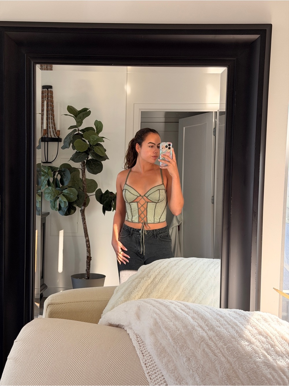 Urban Outfitters Sage Green Lace-Up Corset Crop Top